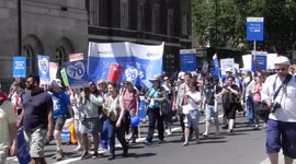 4-70 birthday of the NHS demo in London by Jim Connor thousands of protesters in central London chanting Torys out asking the government for more money to help with services