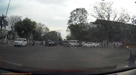 Instant justice as motorcyclist fleeing cops crashes into oncoming jeep