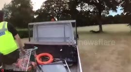 Bizarre moment cops chase suspected burglars through a park on a gardener's truck