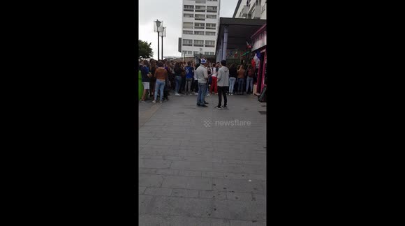 French fans watching the semi final between france and Belgium in Calais onTuesday 10th July 2018