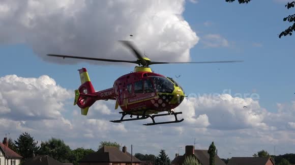 Midlands Air Ambulance taking off from a crash in Malvern