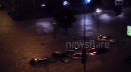 Cars swept away in flooded street in Montpellier