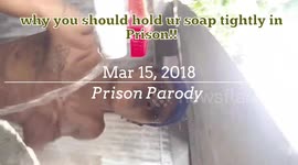 Man bathing in a prison facility and accidentally drops his soap...