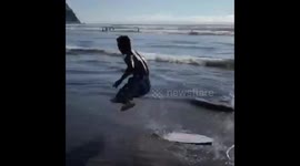 15-year-old son's epic skimboard fail on Oregon beach