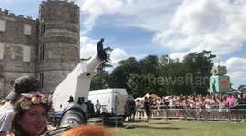 Human Cannonball Rodrigo Pérez  flies through the air at Bestival 2018