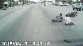Moped rider crosses lanes without looking and gets clattered by pick-up truck