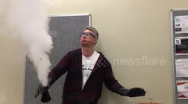 Amusing moment science teacher gets surprised by vigorous chemical reaction