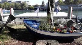 9 september 2018. A bark in homage to Amandine, the woman cop of the river Brigade of Paris (Brigade Fluviale or La Fluv), drowned in the Seine river during an exercice the 5 january 2018.