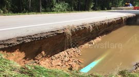 Power of Hurricane Florence Flood Water Washes Out Nort Carolina Road