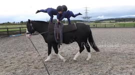 Children with disabilities perform gymnastics on a moving horse