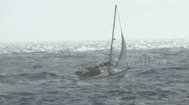 Sailing boats get caught up in a freak storm and brave the waves and strong winds to find a sheltered bay.