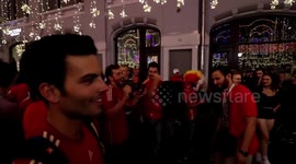 WORLD CUP FOOTBALL FANS CELEBRATING TOGETHER IN RUSSIA 2018