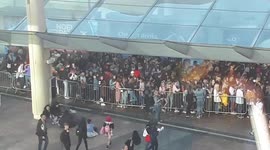 Birds eye view of long queues outside The O2 ahead of BTS
