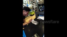 Man's ice cream plops out onto counter when he tries to prove how thick it is