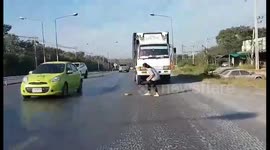 Brave woman halts traffic to rescue kitten stranded on road