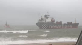 Locals flock to see Russian ship run aground by low tide