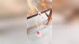 Man shows off elaborate matchstick balancing trick