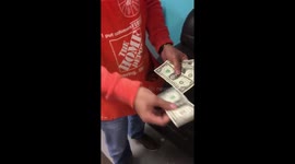 Magician/santa claus in home depot change $5 dollar bills into $100 bills
