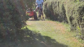Guy on a lawn tractor almost crashes into his mother