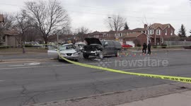 Fatal car and truck crash with massive side impact damage in Ajax Canada
