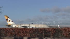 ETIHAD Airways Airbus A380 departing from London Heathrow Airport RW27L