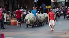 Market seller pulls sacks of flowers that look like a giant green caterpillar