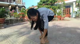 The funny race of the campers on bricks