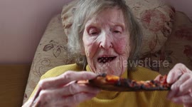 Great-grandmother finally tucks into a pizza after vowing never to touch Italian food after her POW husband was mistreated by Mussolini's Forces