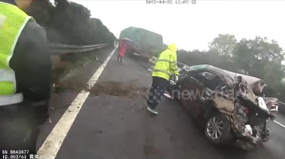 Car nearly flattened after overtaking and changing lane in front of ...