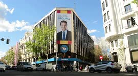 the headquarters of the popular party with a gigantic photograph of Pablo Casado