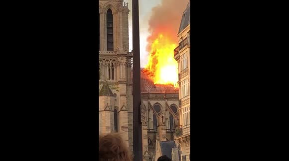 Roof of Notre Dame covered in flames