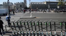 Day 4 after the fire of Notre-Dame of Paris. Relics start to be temporarily moved at Louvre Museum. Level of the Seine is very low because firemen pumped it to extinguished the flames