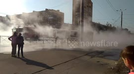 A bus with passengers fell under asphalt into hot water on Budapest street in St. Petersburg.