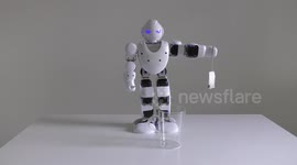 A domestic android humanoid robot practicing brewing tea for his master by steeping a tea bag in an empty glass of water