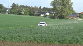 rally car slides onto the field, Skoda fabia r5 rally