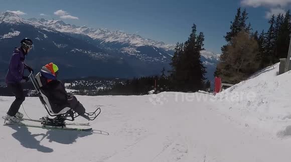 Different Angles Of A Disabled Tandem Sit Ski in Crans Montana Switzerland