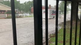 Cintas Delivery truck goes through high water in North Houston.