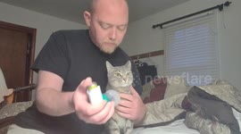 Adorable moment asthmatic cat receives special inhaler treatment