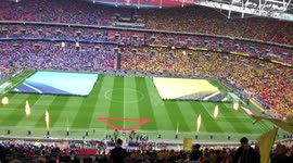 The FA cup final pitch is covered by both teams flags