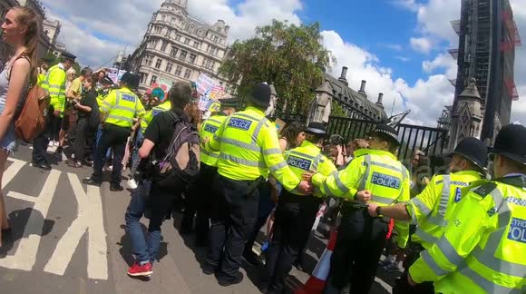Young climate activists seen shouting at police officers, London UK