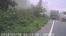 Horrific head-on lorry crash caught on dashcam in Thailand