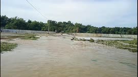 Drivers stranded after swollen river floods bridge in the Philippines