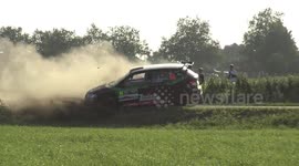 Rally car has lucky escape after sliding out of control on track in Belgium