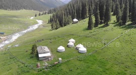 Drone video of Altyn Arashan River, Yurts Village, Karakol,  Kyrgyzstan, Central Asia.