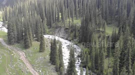 Drone video of Altyn Arashan River, Karakol, Issyk Kul Lake, Kyrgyzstan, Central Asia.