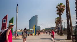 hyper lapse POV shot along the beach in barcelona