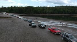 Ocean floor car crossing to otherwise inaccessible island