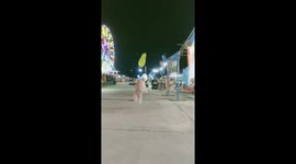 Pet poodle does keepy-uppy with balloon at fairground in Thailand