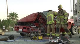 Firefighters attend scene of head-on crash between two trucks on California highway
