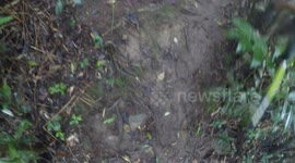 Barefoot hiker climbing a steep hill